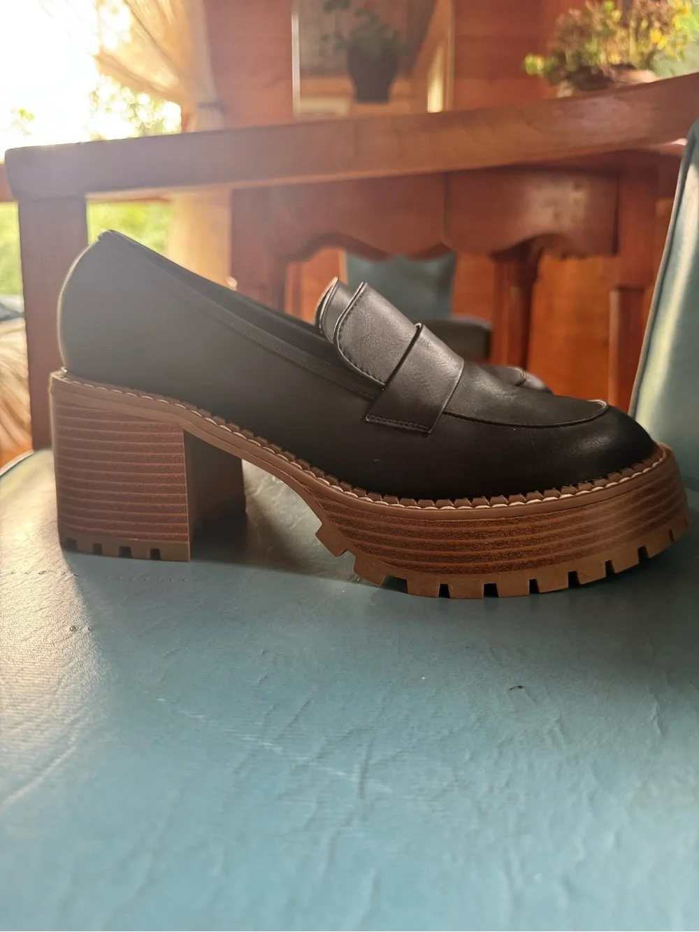 MIA Black Leather Platform Loafers with Wood-Effect Sole